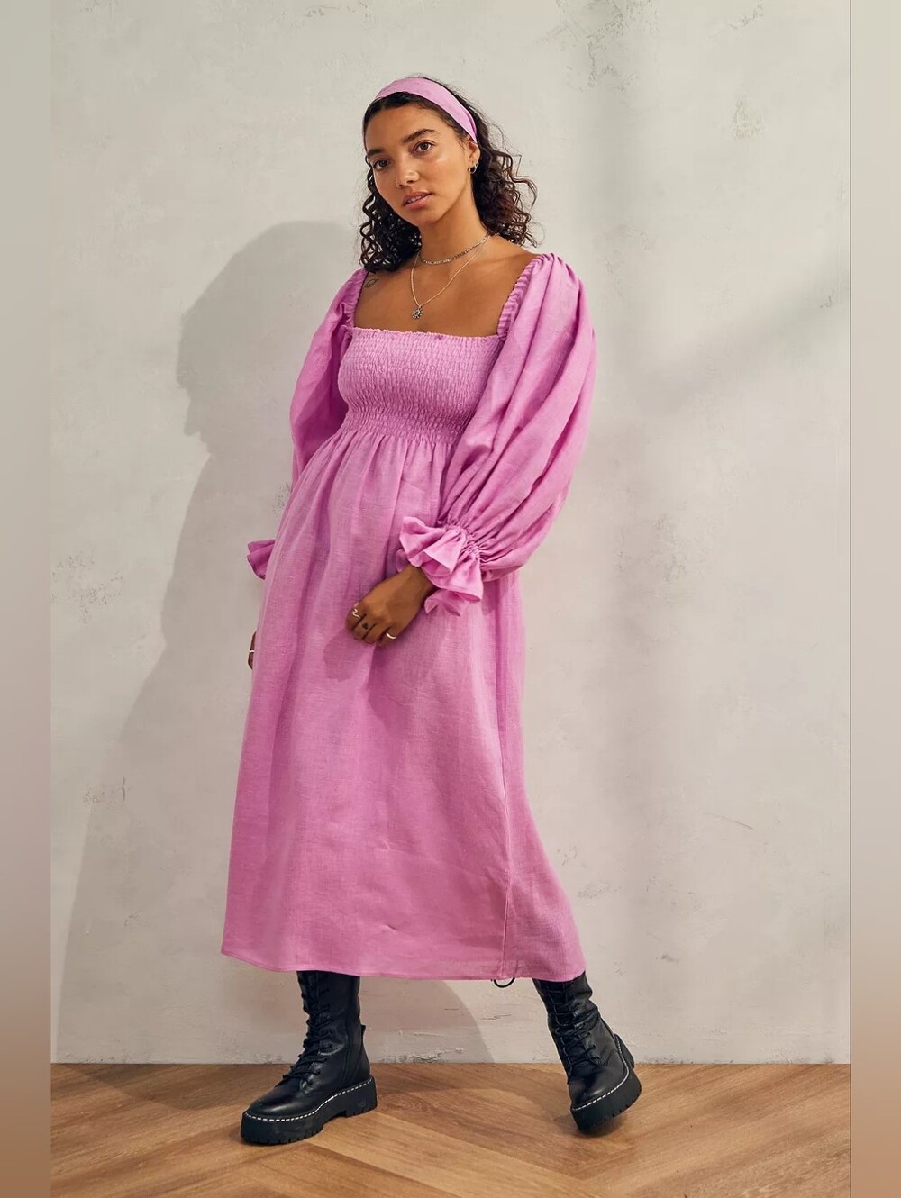 Sleeper atlanta 100% linen coquette formal dress in lilac pink, large